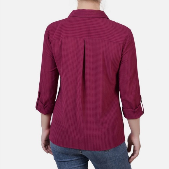 Ny Collection Petite 3/4 Sleeve Windowpane Blouse Wine NWT Size Small - Picture 4 of 14